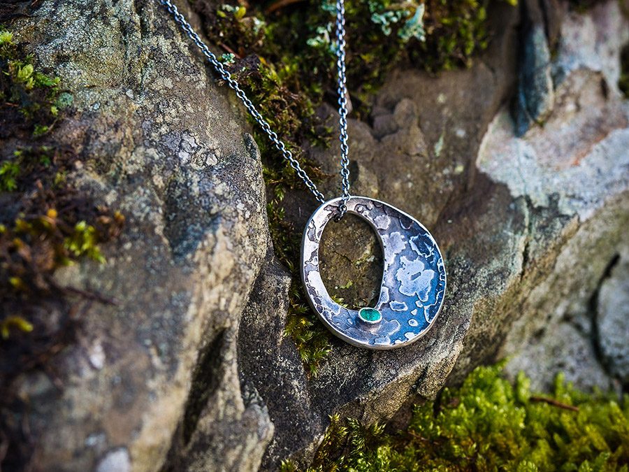 Ethical Sustainable Vegan Jewellery Silver and Emerald Lichen Textured Pendant | Lisa Rothwell-Young