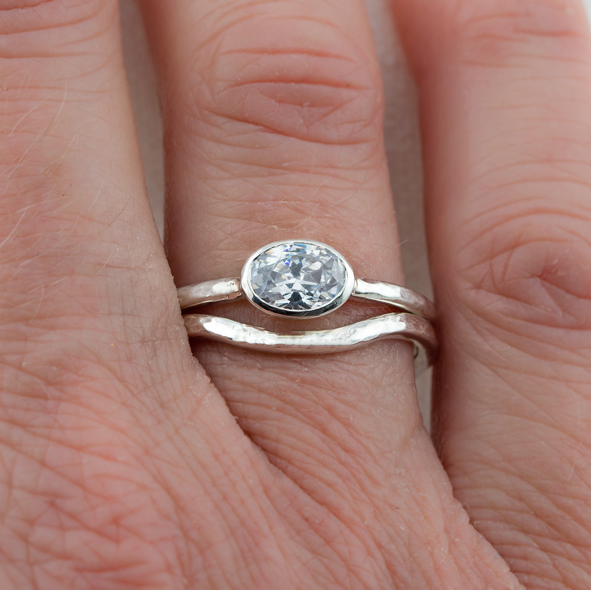 Vegan Wedding Ring Ocean Inspired Ripple Textured Wedding and Engagement Ring Set Hand | Lisa Rothwell-Young
