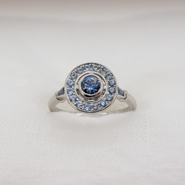 Seashore Inspired Platinum and Blue Sapphire Cove Engagement Ring Front View|Lisa Rothwell-Young