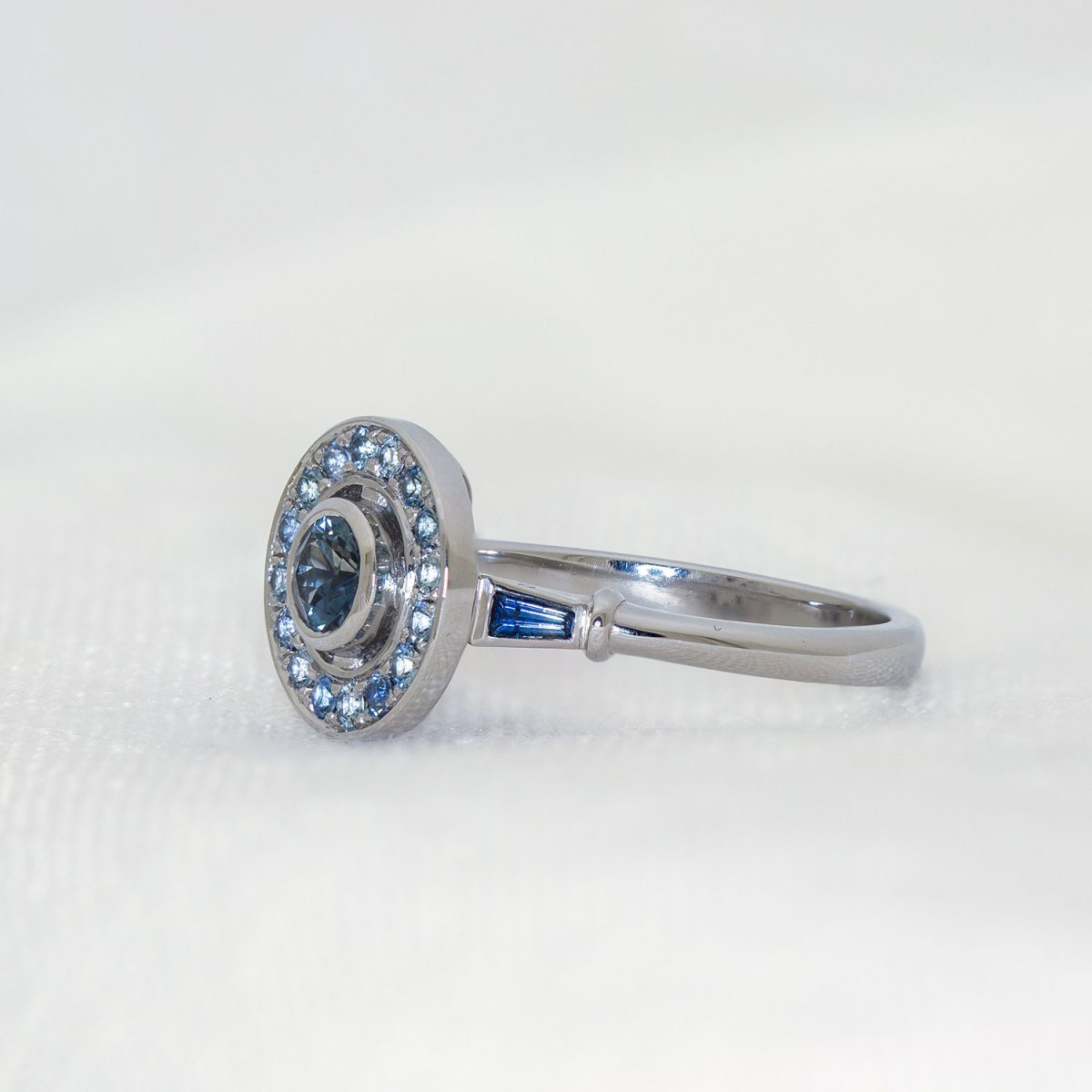 Seashore Inspired Platinum and Blue Sapphire Cove Engagement Ring Side View|Lisa Rothwell-Young