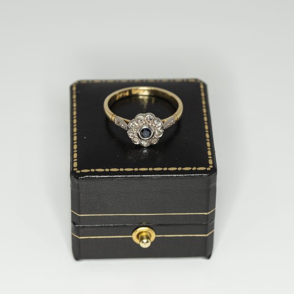 Sapphire and old cut diamond flower cluster ring - Front | Lisa Rothwell-Young