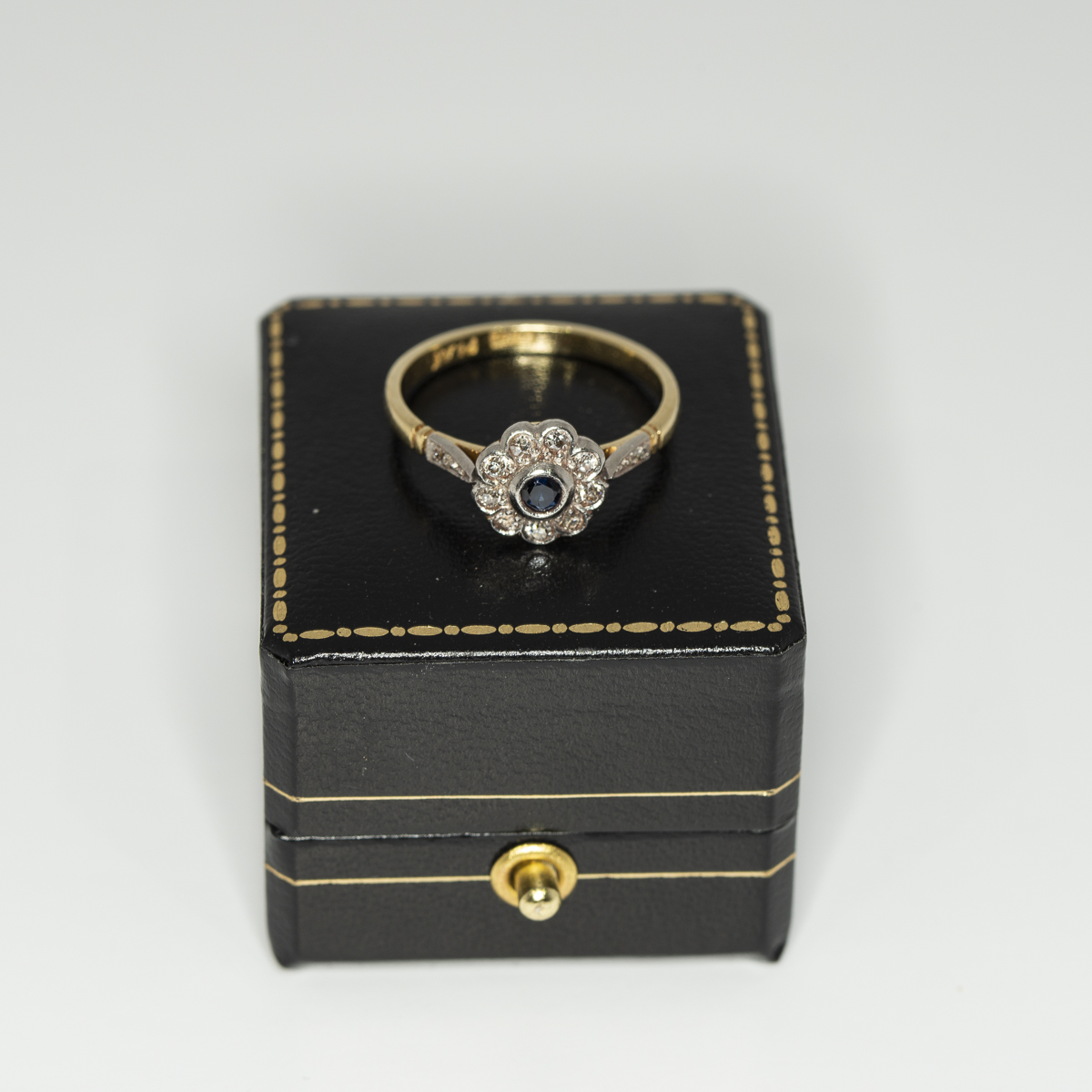 Sapphire and old cut diamond flower cluster ring - Front | Lisa Rothwell-Young