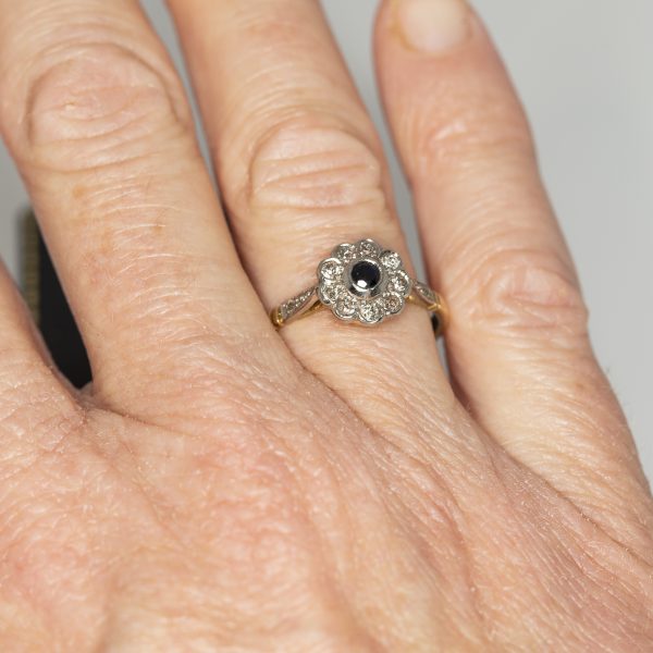 Sapphire and old cut diamond flower cluster ring - On hand | Lisa Rothwell-Young