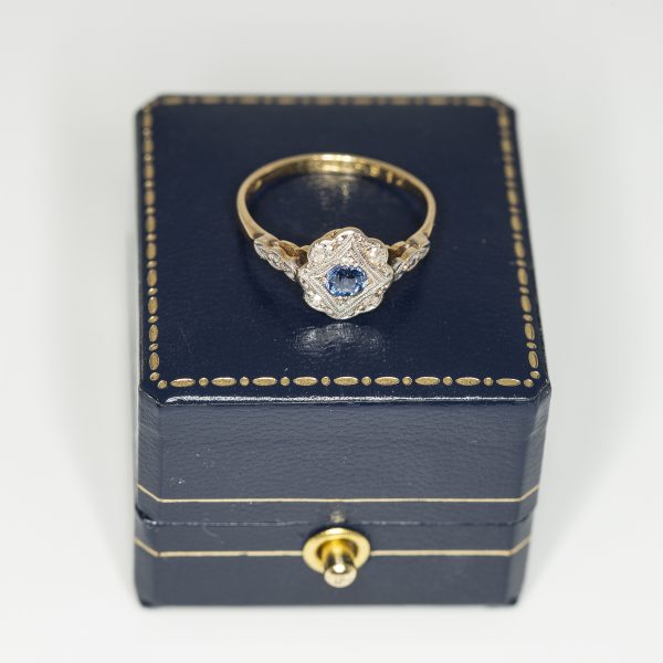 Deco Style Sapphire and Diamond cluster ring - Front | Lisa Rothwell-Young