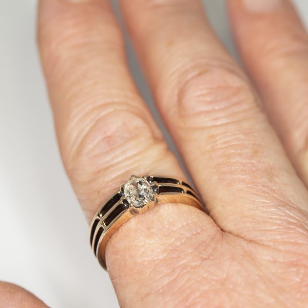 15ct yellow gold three bar ring with an old mine cut diamond worn