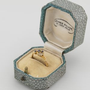 Victorian sapphire and diamond 3 stone ring in box |Lisa Rothwell-Young