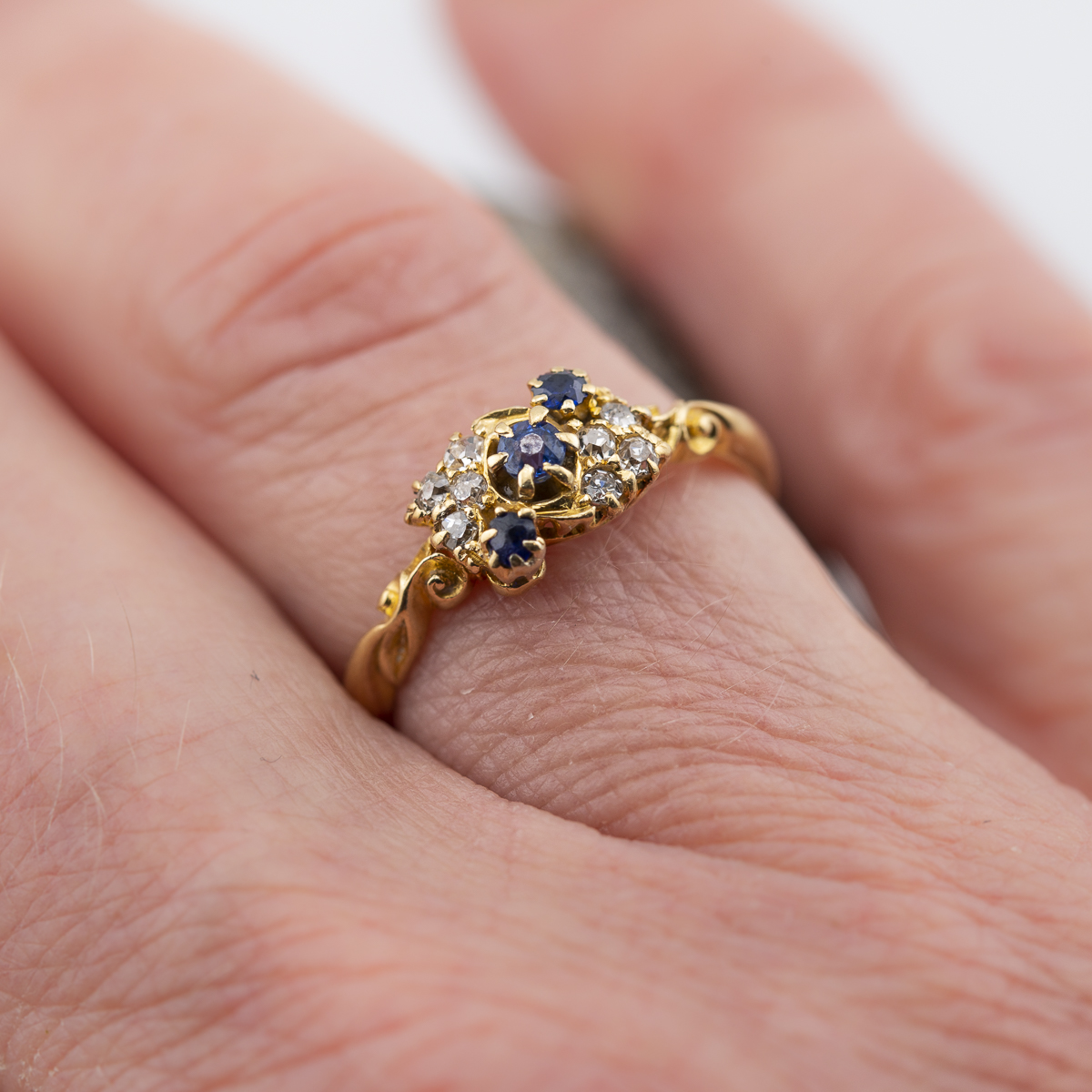 Victorian sapphire and diamond 3 stone ring worn |Lisa Rothwell-Young